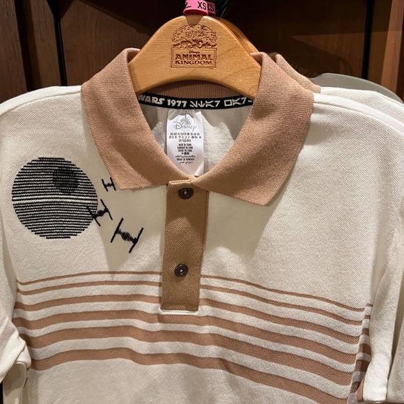 DISNEY STAR WARS | Embroidered Death Star Polo Shirt in Tan/White | Size Small - Picture 2 of 11